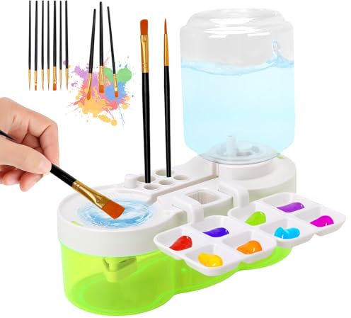 Foyucool Nettoyeur de Pinceaux, avec 10 Pinceaux, Conception du Recyclage de l'eau, avec Porte-pinceaux et Palette, pour Acrylique, Aquarelle, Peinture à Base d'eau, Vert