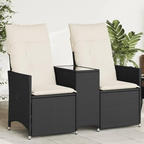 Homgoday Gartensofa 2-Sitzer Verstellbar mit Tisch Balkonsofa Gartenlounge Lounge Sofa Loungesofa Gartenmöbel Terrassensofa Sitzgruppe Schwarz Poly Rattan