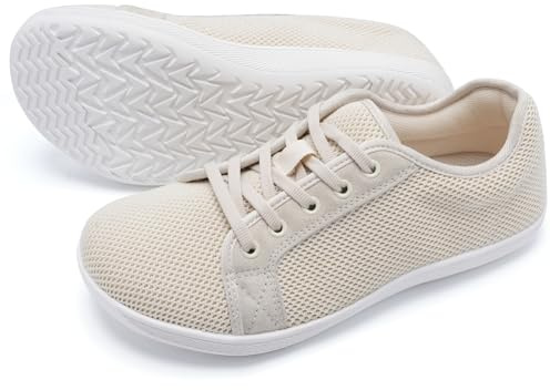 Barefoot Shoes Womens Wide Width Toe Box Flat Minimalist Breathable Trail Running Shoes Zero Drop Sole Trainers Gym Walking Sneakers Beige UK 7