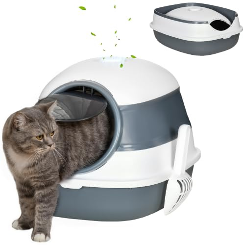 PawHut Arenero para Gatos Cubierto Plegable 52x41x38 cm Gris y Blanco | Caja de Arena para Gatos, con Pala, Arenero Cerrado