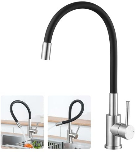 CECIPA Grifo Cocina Flexible, Grifo Cocina Abatible, Grifo Cocina Negro Mate, Grifos Cocina Fregadero Giratorio a 360º, Grifo Negro para Agua Caliente Y Fría-SERIE SOFETIY