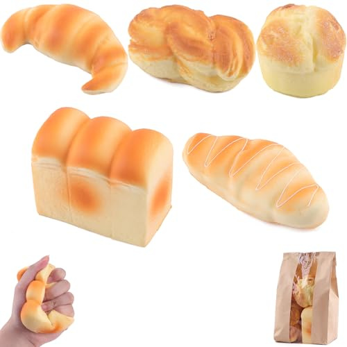 ANBOOR 5 pièces de jouets Squishy en forme de pain, Pain grillé artificiel, croissant, baguette, challa, sandwich au beurre, parfumé, doux, jouet à ressort lent, nourriture, accessoire de jeu de rôle