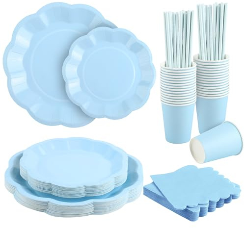 Vivantia 150 Pieces Light Blue Party Tableware Set for 30 Guests, Disposable Blue Party Supplies Include Scalloped 7/9 Inch Paper Plates Napkins Cups Straws for Baby Shower Wedding Birthday
