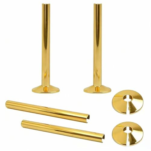 Gold Radiator Pipe Covers – 2 Pack Towel Rail Pipe Sleeves with Collars – Easy Fit Decorative Trim Kit for Chrome Bathroom 15mm x 200mm – Gold Finish