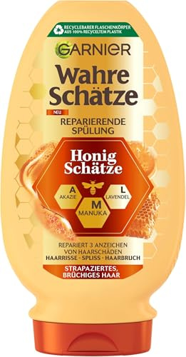 Garnier Wahre Schätze Reparierende Spülung Honig Schätze, kräftigt und nährt strapaziertes und brüchiges Haar, gegen Spliss, Conditioner, pflegende Formel, weniger Haarbruch, 1x200 ml (Packung mit 5)