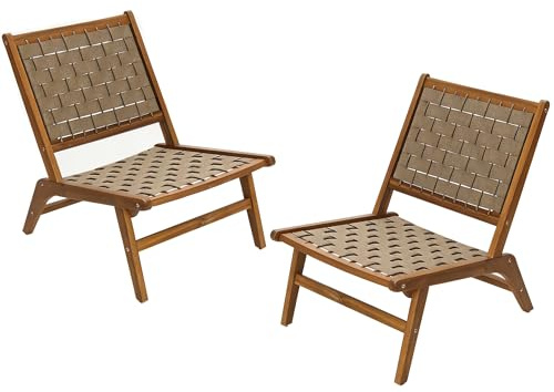 Hometopia 77x75.5 cm Outdoor Gartenstuhl 2er Set Akazienholz mit Geflochtener Rückenlehne, Stabil bis 150kg für Balkon, Terrasse und Garten in Natur 54 x 75 x 77cm