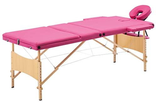 KMUNGDWG Klappbare Massageliege mit 3-Zonen Holzgestell Rosa, verstellbare Kopfstütze und Armlehnen, höhenverstellbar, Dicke Schaumstoffpolsterung resistent gegen Desinfektionsmittel