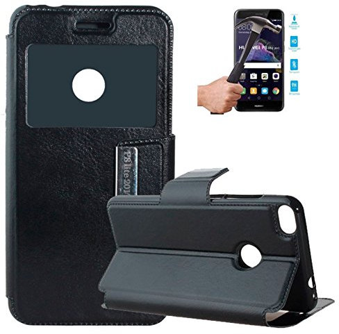 Todobarato24h Funda Libro Ventana Compatible con Huawei P8 Lite 2017 5.2 (4G) Negra + Protector DE Cristal Templado