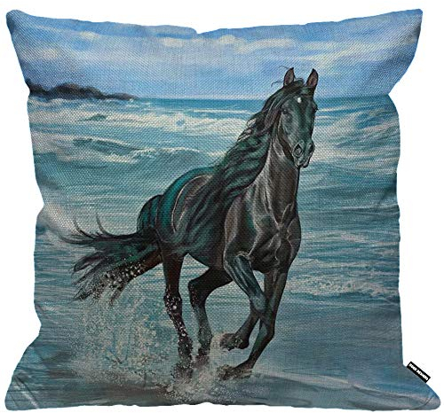 HGOD DESIGNS Kissenbezug Pferd Horse Wunderschön Schwarz Pferde Laufend EIN Der Strand Kissenhülle Haus Dekorativ Für Männer/Frauen/Jungen/Mädchen Wohnzimmer Schlafzimmer Sofa Kissenbezüge 45X45cm