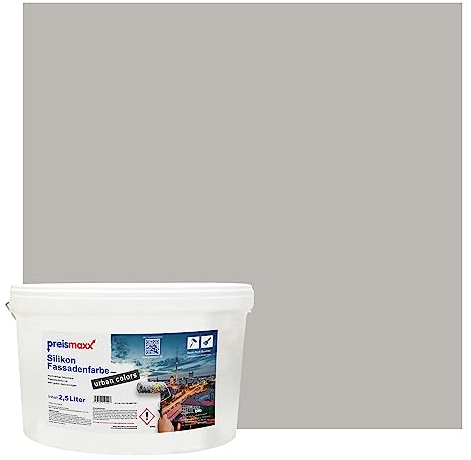 Preismaxx Silikonharz Fassadenfarbe, Taupegrau Grau 2,5 Liter, hochwertige, matte, wasserabweisende Aussen-Dispersion, sehr guter Regenschutz - Abperleffekt
