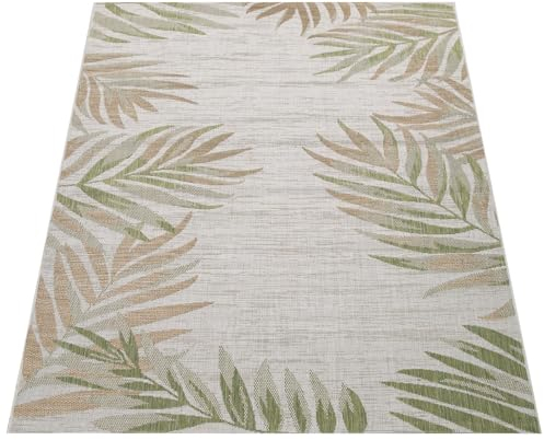 Paco Home In- & Outdoorteppich Beige Grün Balkon Terrasse Palmen Blätter Muster Robust, Grösse:120x160 cm