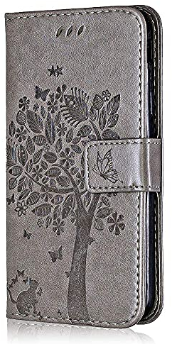 Conber Hülle für Huawei P Smart 2018 / Huawei Enjoy 7S, PU Leder Tasche Flip Case Lederhülle Handyhülle, Vintage Katze und Baum Schutzhülle für Huawei P Smart 2018 / Huawei Enjoy 7S - Grau