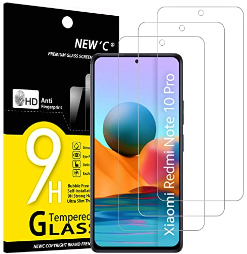 NEW'C 3 Pack Designed for Xiaomi Redmi Note 10 Pro, 10 Pro Max 4G Screen Protector Tempered Glass, Anti-Fingerprints, 9H Hardness, 0.33mm Ultra Transparent, Ultra Resistant