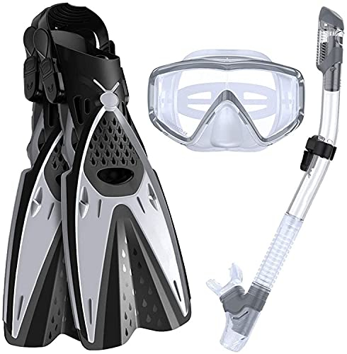 Tauchermaske Vollmaske Tauchmasken Trockene Schnorchel-Set Verstellbarer Panorama-breiter Ansicht Tauchen Goggle Tieftauchen Schnorcheln Professionelle Schnorchelausrüstung mit Flossen für Erwachsene