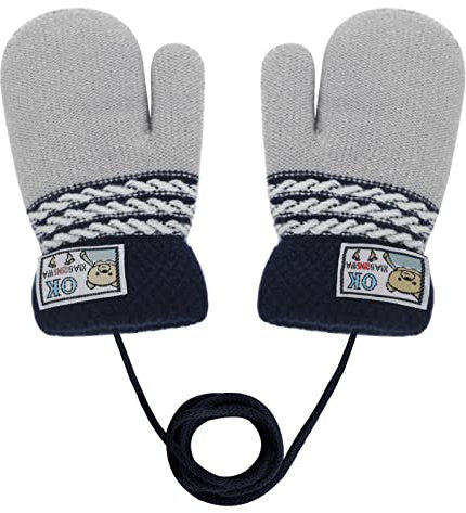 Kinder Winter Handschuhe Fäustlinge Baby Cartoon Fausthandschuh Halshandschuhe Dicke Doppelt Strickhandschuh mit Plüsch,0-3 Jahre alt, Spielen, Laufen, Skifahren Bedarf (Hellgrau C)