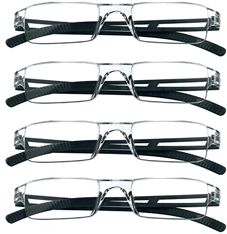 MMOWW 4er Pack randlose Lesebrille für Damen und Herren mit klarer rechteckigem Blaulicht-Blockierbrille (4 Schwarz, 1,5)