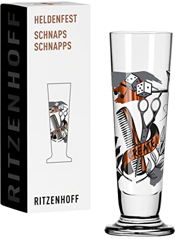 RITZENHOFF 1061009 Schnaps-Glas 40 ml - Serie Heldenfest, Motiv Nr. 9 - Barber - rund und mehrfarbig - Made in Germany