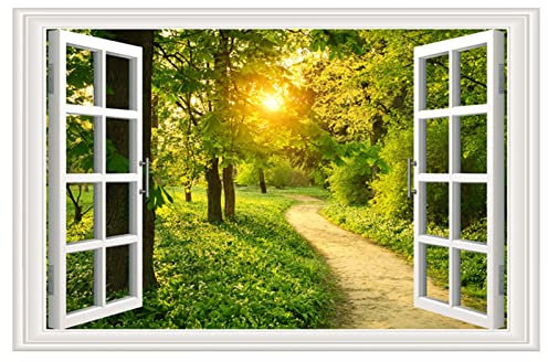 3D Sunset Forest Fake Window Wall Stickers Vinilos de Pared de Paisaje Natural Cartel de Ventana Falsa Mural de Pared de árboles Verdes extraíbles para Sala de Estar, Dormitorio, Oficina,90x60cm