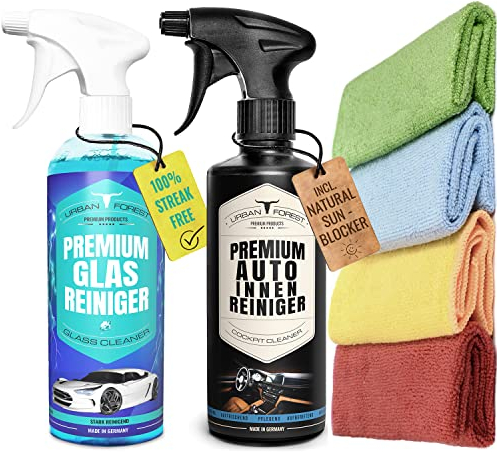 · URBAN FOREST · PREMIUM PRODUCTS Sparset Auto Reiniger + Glasreiniger 4 Mikrofasertücher 40x38 zum Autositze reinigen & Windschutzscheibe Professionelle Auto-Aufbereitung mit Tiefenwirkung von 500ml