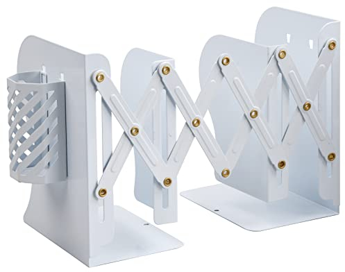 Serre-Livres Réglable en Métal, Extensible Porte-Livres avec Porte-Stylo, Ajustable Presse-Livres, Range Livre Rétractable pour Maison Bureau l'école Bibliothèque Étagère Livre Organiseur (Blanc)