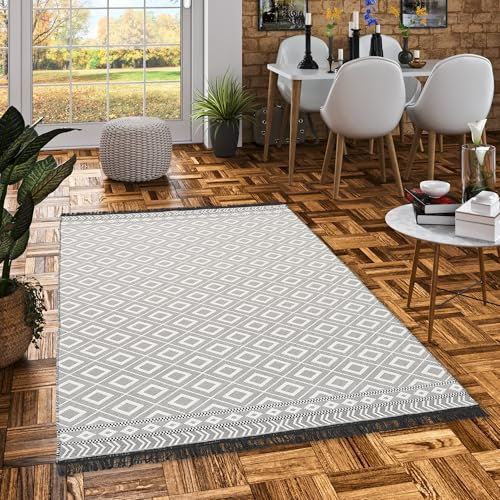 Pergamon Designer Teppich Beidseitig Flachgewebe Ethno Kelim Grau Schwarz Meliert, Teppich Läufer, Teppich Pflegeleicht und Waschbar in 5 Größen