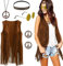 BIQIQI Hippie Kleidung Damen 70er Jahre Bekleidung Damen Fransenweste, Sonnenbrille, Stirnband, Ohrringe, Halskette Disco Outfit für Karneval, FaschingsKostüm, Hallowee (XL)