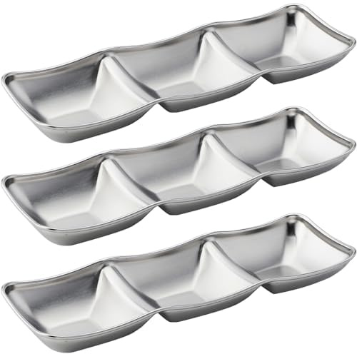 CHWAIKA 3pcs Stainless Steel Soy Sauce Dish Dipping Bowls 3 Grids Divided Sauce Dishes Side Dishes for Soy Sauce, Ketchup, Seasoning, Sushi (3 Grid Square (3pcs)), SD03