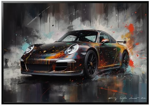 PRINTONIA Leinwand-bild 140x100cm Porsche 911 GT3 Abstrakt Art Sportwagen Bilder Dekoration Wandbild Kunstdruck Automobil Deko Schwarz Aluminiumrahmen