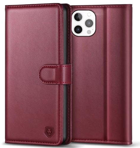 Kuafcase Compatible for iPhone 12 Pro Max Case with 4 Card Slots Magnetic Closure Kickstand Shockproof Protective Phone Case Compatible for iPhone 12 Pro Max - Wine Red