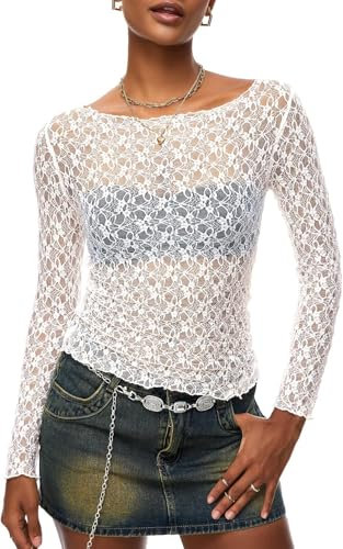 HAWILAND Women Y2K Mesh Sheer Long Sleeve Crop Tops See Through Slim Fit Ruched Blouse T Shirt Music Festival Clubwear White L