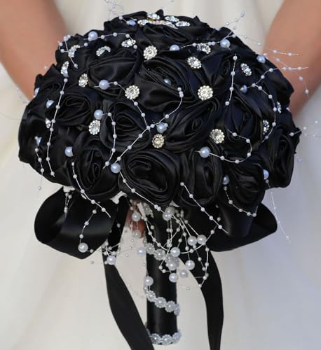 Mhojpik Brautstrauß, rund, glitzernd, Blumenstrauß, Überwurf, künstliche Rose, Blumenstrauß für Braut, Brautjungfer, Hochzeit, Quinceanera (schwarz, 22,1 cm)