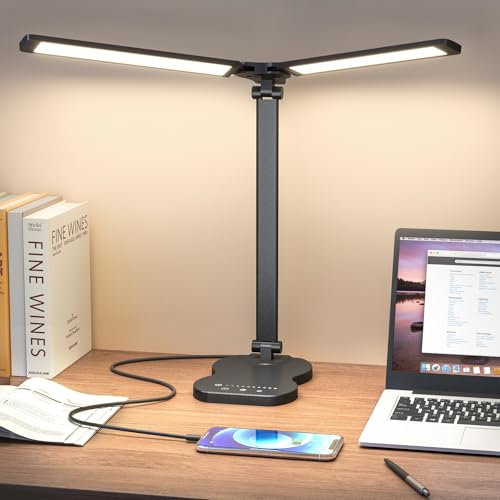 Aisutha Schreibtischlampe led,Double Arm Schreibtischlampe mit 5 Farben&10 Helligkeitsstufen,Schreibtisch Lampe mit 45min Timer-Off,Touch-Steuerung Led Tischlampe für Studium (Schwarz)