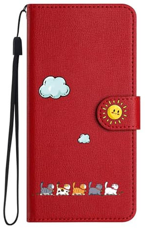 Jeffene Handyhülle für iPhone 11 Pro (5.8 Zoll) Hülle Klappbar,Tasche Ständer Kartenfach Klapphülle Katze PU Leder Flip Cover Case für iPhone 11 Pro,Rot