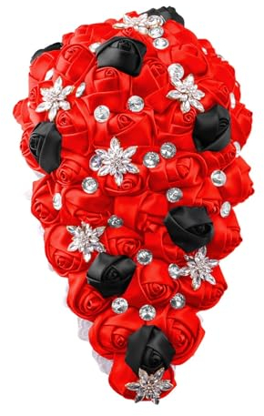 20,3 cm Wasserfall-Hochzeitsstrauß für Braut, prächtige Kristallperlen, kaskadierende Brautsträuße, Band, Perlenblume (Farbe: Rot, Schwarz, 18 cm)