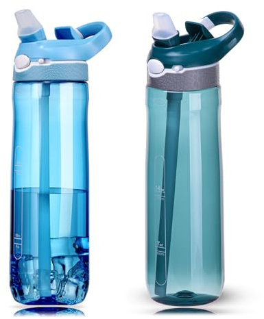 DEARART 2-Pack 24oz Light Blue & Dark Cyan Water Bottles With Straw, Leakproof BPA FREE Hidden Nozzle, Flip Up Lid Has Handle Wide Bottle Easy Clear, Suit Office Outdoor Sports Travel Gym.