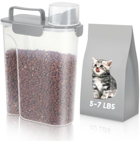 Contenedor de almacenamiento de alimentos para perros y gatos de 5 a 7 libras con boquilla y taza mejoradas, dispensador de comida para mascotas, 4 hebillas de seguridad y tiras de silicona de doble