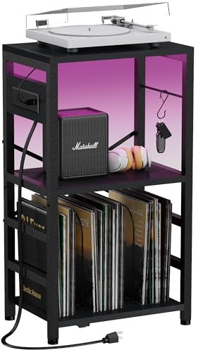 YAKANJ End Table with LED Light,Record Player Stand with Charging Station,Vinyl Records Storage,Turntable Stand Albums Storage for Music Room Studio-Industry Black