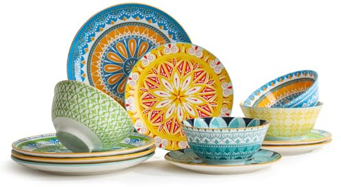 Service de table 12 pièces en céramique moderne avec assiettes, bols et assiettes colorées - Idéal pour une pendaison de crémaillère - Passe au micro-ondes et au lave-vaisselle - Service pour 4