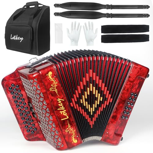 LOTKEY Akkordeon, 34 Tasten, 12 Bässe F/B/E 3412, 3-reihig, diatonisches Tasten-Akkordeon-Instrument für Erwachsene, Rot, mit aktualisiertem Gehäuse, Riemen