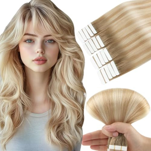 Yuniffe Tape in Extensions Echthaar Invisible Haarverlängerung Tape ins Ansatz Aschblond bis Goldbraun und Sandblond Wiederverwendbar Doppelseitig Tape in Echthaar Extensions, 40 cm, 50 g, 20 Stück