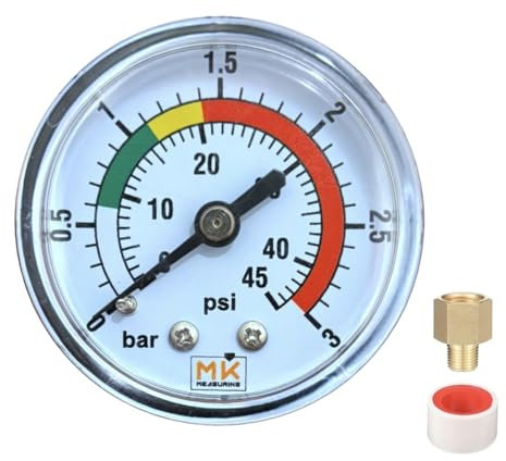 MK MEASURING – Pool Filter Pressure Gauge 0–3 Bar / 45 PSI, 2 Dial, 1/4 BSP Brass Fitting – for Sand Filters, Hot Tubs, Spas – Includes PTFE Tape & 1/8 Adapter