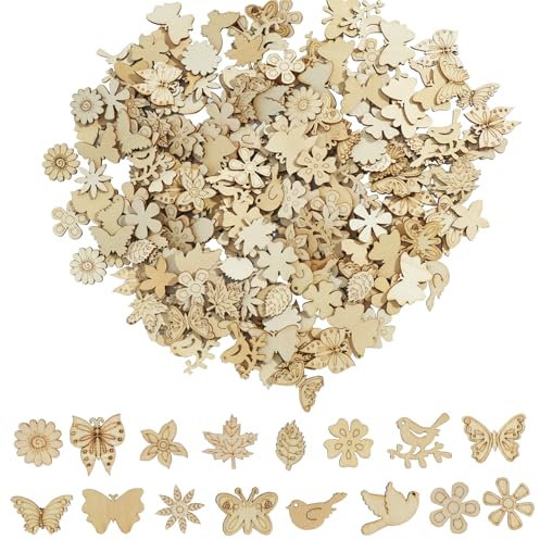 DLUSZERT 240 Stück Holz Schmetterling, Holzblumen Kleine Holzblätter Zum Basteln, Vögel Holzscheiben Dekoration, Holz Log Scheiben Streudeko für Handwerk Tischdeko Hochzeit Scrapbooking Verzierung