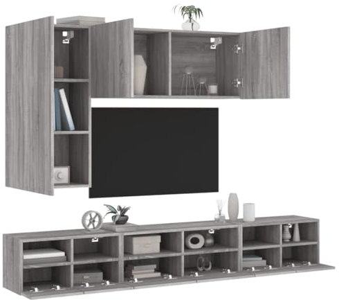 Moderne 5-teilige TV-Wohnwand mit verstellbarem Ablagefach aus grauem Sonoma-Holzwerkstoff für Wohnzimmer und Schlafzimmer