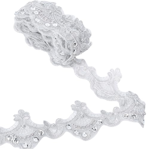GORGECRAFT 3 Yards x 62mm Silver Venice Lace Trim Metallic Embroidery Scalloped Sewing Trims Wave Flower Beaded Sequin Edge Ribbon Wedding Applique for Curtain Slipcover Bridal Home Decor DIY Crafts