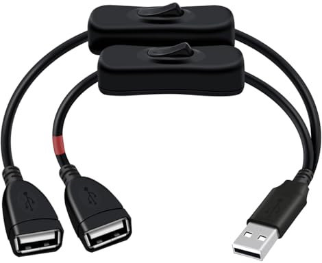 HuaLiSiJi USB Splitter 1 zu 2 mit Schalter USB A 2.0 Kabel Stecker auf 2 Buchse Eine Unterstützt Datenübertragung, die Andere Nur Stromversorgung (Schwarz, 0.3 m)