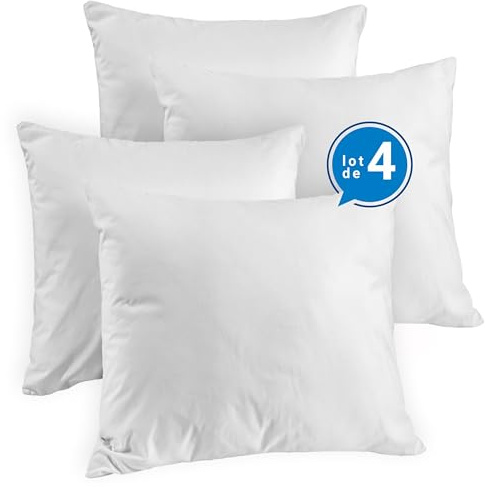 Blue Moon Lot de 4 Oreillers 60x60 Moelleux | Confort Hôtellerie | Fibres Creuses Siliconées 580 g | Housse Microfibre | Lavable en Machine | Hypoallergénique | Fabriqué en Belgique