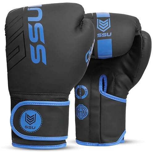 SSU 14oz Training Gloves with Leather Strap & Attached Thumb and Hook & Loop Closure Boxing Gloves for Men and Women, Muay Thai & MMA Gloves (BLUE)