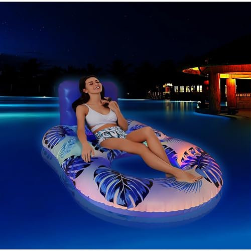 ZHODADA Colchoneta Hinchable Piscina con Luz de Colores, Colchón de Piscina Inflable para Adultos Boya Piscina Hamaca Inflable Piscina Colchón Malla Boyas Flotante Juguetes(Azul)