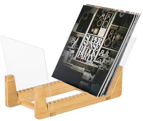 Relaxdays Vinyl Record Holder, Bamboo & Acrylic, Rack with 12 Slots for 50 LPs, HWD: 21 x 37.5 x 19 cm, Natural/Clear, Plastic 50%, 21x37,5x19 cm