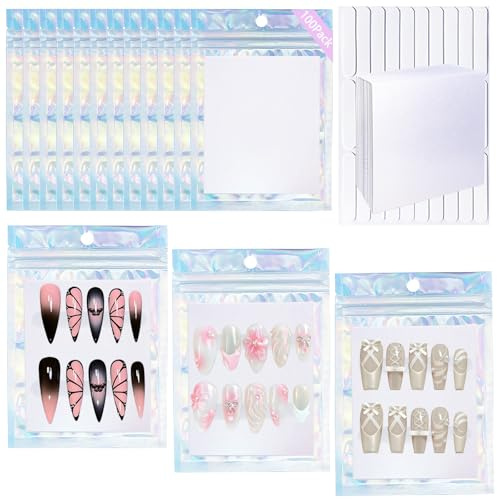 100 PCS Holographic False Nails Storage Bags Press On Nails Packaging Bag for Fake Nails, Candy, Jewelry, 100pcs Seal Sample Bag + 100PCS Shiny White Pearl Card + 7 Sheets Double Side Nail Tape